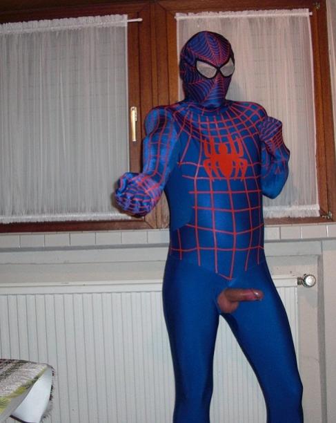 blue spiderman zentai showing dick